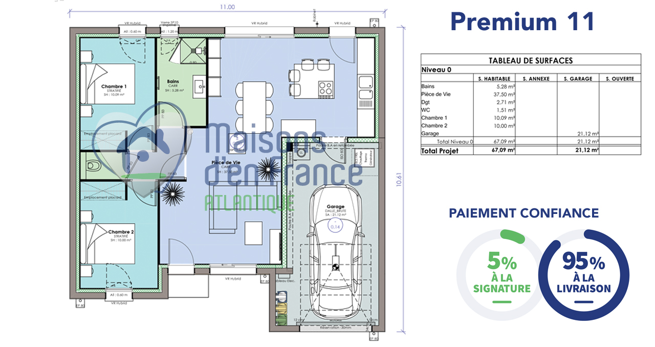 Modèle premium 11 maison a construire plan avec logo et surfaces pièces