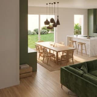Maison neuve Modèle Premium 11 - 2 chambres - 67 m² - Vue intérieure pièce de vie cuisine ouverte