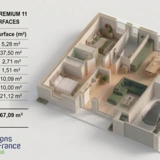 Maison neuve Modèle Premium 11 - 2 chambres - 67 m² - plan axonométrie 3D