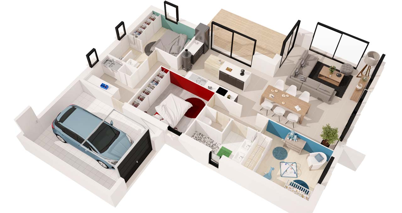 Plan 3D du modèle Kalie avec 3 chambres