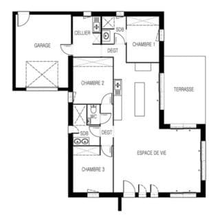 Plan du modèle Kalie avec 3 chambres